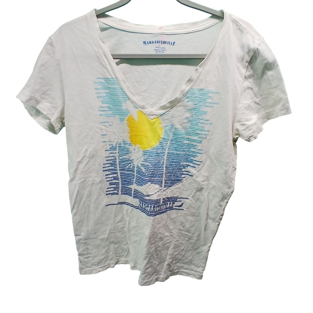 Margaritaville Womens White Cotton V-Neck Graphic T-Shirt Tropical Palm Tree L